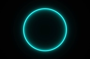 Mavi tonlu neon lambası, grafik tasarımı için siyah arkaplan üzerinde izole edilmiş, mavi hareketli ışık, ortadaki fotokopi alanı ile kaplanmış tasarım ögesi.