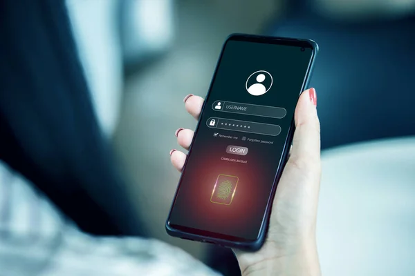 Entering security system of smartphone for privacy and protection of financial transaction. woman login and scans finger into phone. concepts of technology, internet network, and Cybersecurity