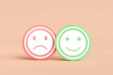 Değerlendirme ve tatmin seviyesi. Turuncu zemin üzerinde emojiler olan kırmızı ve yeşil daireler..