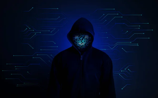 İnternet ağı hırsızlığı ve siber güvenlik. Kapüşonlu bilgisayar korsanı gülen pikselli LED ekranlı. Çevrimiçi program veya uygulamanın teknoloji ve güvenlik tasarımı kavramı.