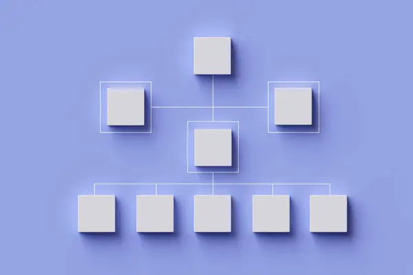 White cubes with lines connecting diagrams on blue background. Organizational structure concept. Position chart. Organizational management and human resource management.