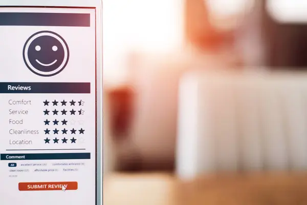 Customers rate satisfaction in using restaurant services on online application screen. concept of surveying opinions and evaluating standards from customers and quality of business services.
