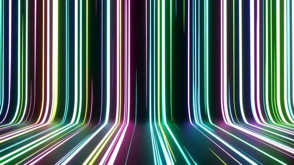 Moving neon lights in colorful lines glow in dark ways, bright and striped abstract patterns with green, purple and blue glow. Future technology background with scrolling at the speed of light.