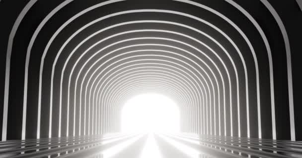 トンネルの端にライトが付いている暗い廊下 抽象的なインテリア曲げ幾何学構造の設計 — ストック動画