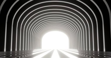 Tünelin sonunda ışık olan karanlık bir koridor. Soyut iç eğri geometrik yapı tasarımı