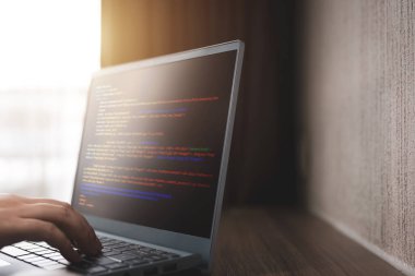Web tasarımı ve güvenlik koruması konsepti. Bir dizüstü bilgisayardaki programcı web geliştirme kodu. kopyalama alanı ile