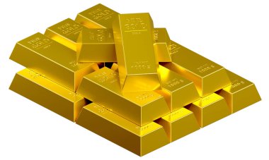 Beyaz arka planda izole edilmiş altın külçeler, altın hazineler. Bankacılık, iş, yatırım ve döviz kurları, altın piyasası. poster tasarımı ve bilgi grafikleri. 3B illüstrasyon