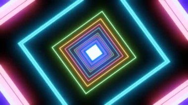 Renkli kare neon lambaları boş tünel koridorunu aydınlatıyor. görüntü döngüsü, soyut teknoloji geometrik hareket arkaplanı