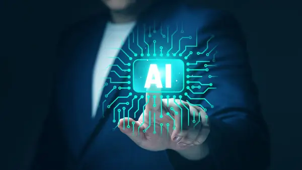 人工智能技术创新的概念 支持未来机器人科学和企业管理助理学习工作的人工智能技术 图库图片