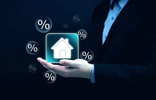 房子图标和百分比符号 房地产交易概念房地产投资提高贷款利率银行贷款购房贷款 土地税 图库图片