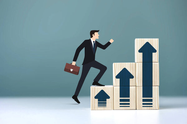 Successful business concept, professional growth, and career success. Businessman runs up wooden staircase with arrows increase level up.