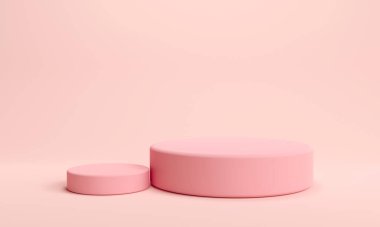 Pastel platformlar. Pembe podyumların olduğu en küçük sahne. Soyut geometrik çember arka planı. Ticaret fuarı için Şirin, bebek aksesuarları, moda, kozmetik ürünleri veya güzellik ürünleri