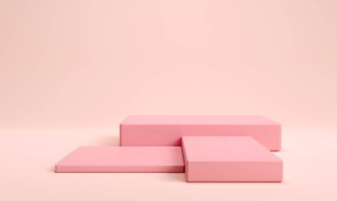 Pastel platformlar. Pembe podyumların olduğu en küçük sahne. Soyut geometrik çember arka planı. Ticaret fuarı için Şirin, bebek aksesuarları, moda, kozmetik ürünleri veya güzellik ürünleri