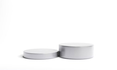 Pastel platformlar. Beyaz podyumların olduğu en küçük sahne. Soyut geometrik çember arka planı. Ticaret fuarı için Şirin, bebek aksesuarları, moda, kozmetik ürünleri veya güzellik ürünleri