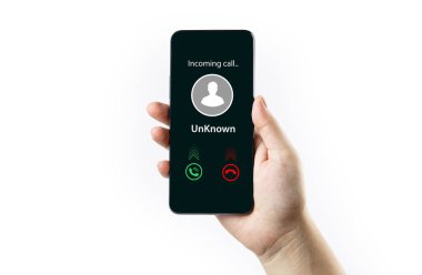 Beyaz arka planda akıllı telefon ihbarı var. Gezici internet promosyonları satmak için dolandırıcı ya da yabancı, dolandırıcı ve kişi kavramı