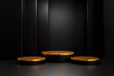 Üç siyah podyum primi, Stüdyo 'da en az lükse sahip yuvarlak kaide. Ürün sunumu için model markası tasarımı, kozmetik ürünleri, boş kaideler ve ürün afişi. 3B resimleme