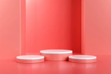 Podyumlar pembe ve beyaz pastel. Geometrik sahne arkaplanı. Ticaret fuarı için Şirin, bebek aksesuarları, moda, kozmetik ürünleri veya güzellik ürünleri. 3B görüntüleme