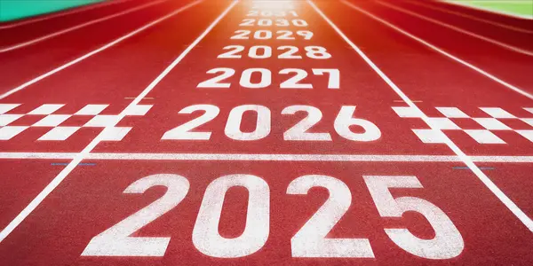 Yeni yılın başlangıcı. Koşu yolunda 2025, 2026, 2027 yılındaki değişiklikler. Yeni yılda başlayan yeni fikirlerin kavramı, KPI 'nin hayatta başarı hedeflerini belirlemenin yanı sıra planlama.