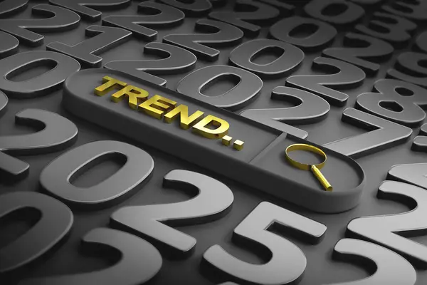 Yeni moda konsepti. Yıl numaraları içeren arama siyah arkaplanı ile ilgili trend sözcükleri. Medya içeriğindeki değişiklikler, önemli konular ve işle ilgili yeni eğilimler