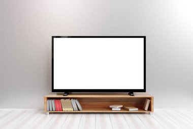 Blank white screen TV on wooden table in living room with white walls. With photocopying space, advertising design, and public relations clipart