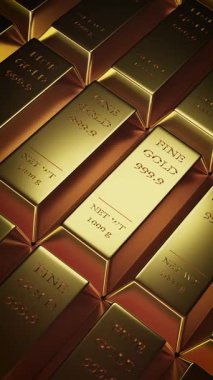 Altın külçeleri, bankalarda altın külçeler. Döviz kurları, ticaret, altın piyasasına yatırım ve değerli metallerin toplanması kavramı. 4k döngü dikey arkaplan