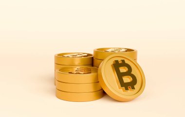 Sarı arka planda 3 boyutlu altın Bitcoin BTC Bozuklukları. Kripto para birimi, elektronik ödemeler ve zincire bağlı banka hesapları..