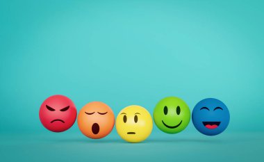 Yüz simgesi olan renk seviyesi topu. Değerlendirme, geri bildirim, müşteri memnuniyeti derecesi ve hizmet kavramı. Yeşil arka planda yüz ifadesini temsil eder, görüşleri gözden geçirir. 3B görüntüleme