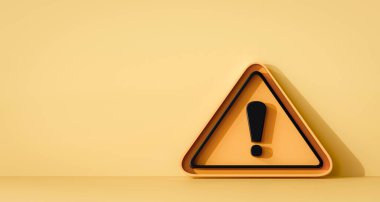 Sarı arkaplanda 3 boyutlu sarı üçgen uyarı işareti. Acil durum alarmı ve dikkat. Kopya alanı ile illüstrasyon