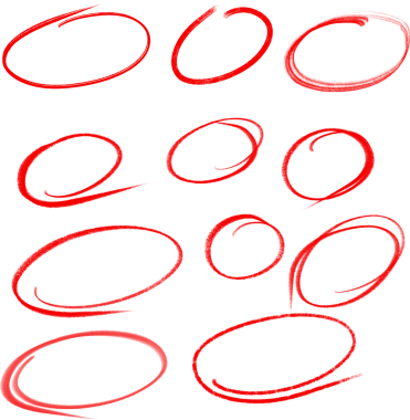 Kırmızı kalem vurgulama çemberi kümesi.