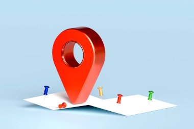 Mavi arkaplanda konum sembolü, navigasyon haritaları ve konum hedefleri olan 3D kırmızı pin haritada. 3B görüntüleme