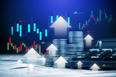 Borsa grafiği sanal olan bir yığın bozuk para ve hesap makinesi. Döviz kurları, borsa yatırımları ve öngörülen küresel ticaret kavramı.