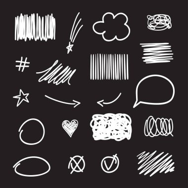 Infographic elements on a blackboard. Hand drawn white shapes on black. Abstract signs and symbols. Freehand elements on a chalkboard. Black and white illustration