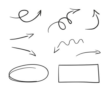 İzole edilmiş beyaz üzerinde basit bilgi elementleri. Çizgi çizme. El çizimi basit oklar. Sketchy geometrik çerçeveler. Siyah beyaz illüstrasyon