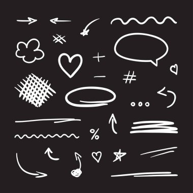 El çizimi basit nesneler. Farklı işaretler. Soyut göstergeler. Siyah beyaz illüstrasyon