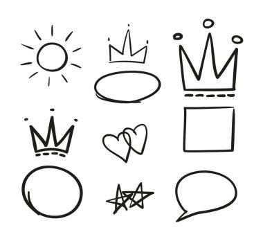 Basit, hızlı çizimler. Beyaza elle çizilmiş siyah elementler. Serbest kalem çizimi. Siyah beyaz illüstrasyon