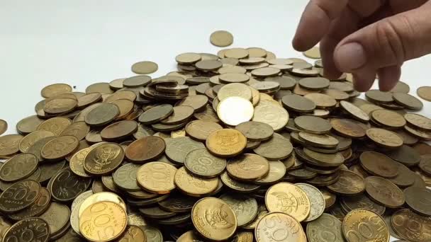 Man Hand Takes Coin Pile Coins Table Coins Denomination 500 — 비디오