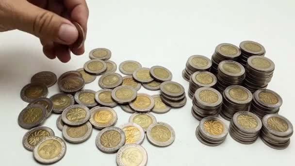 Man Hand Takes Coin Pile Coins Table Coins Denomination 500 — Video Stock