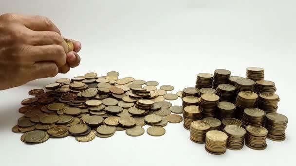 Man Hand Takes Coin Pile Coins Table Coins Denomination 500 — Vídeo de Stock