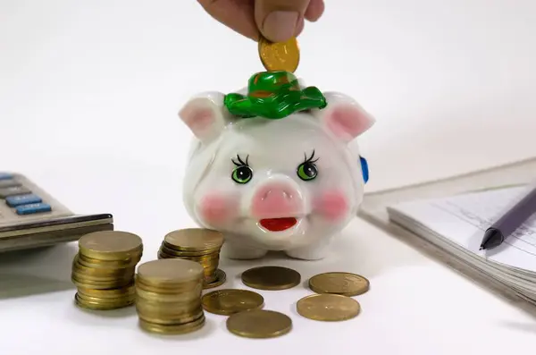 El, etrafına bozuk paralar saçılmış şirin bir domuz kumbarasına bozuk para koyuyor. Finans ve tasarruf kavramı.