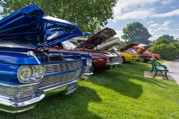 Boulder City, NV / USA - 24 Mayıs 2025: Boulder City, Nevada 'daki Wilbur Square Park' ta klasik Amerikan ve ithal araçların yer aldığı En İyi Baraj Araba Fuarı