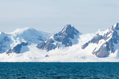 Okyanusta buzdağları ve buzdağlarıyla Antarktika manzarası