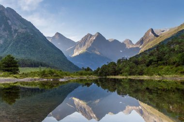 Dağlar bir dağ gölünün suyuna yansıyor. Norveç.