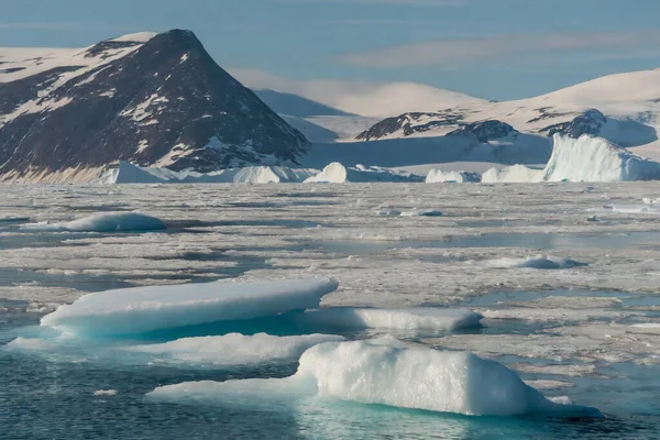 Antarktiszi Táj Jéghegyekkel Hegyekkel Háttérben — Stock Fotó