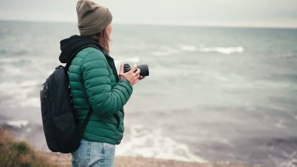Slow Motion Footage Woman Photographer Taking Pictures Seascape Camera While — Stock Video