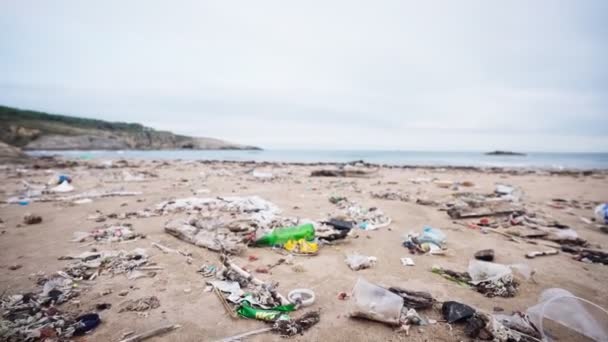 海岸的塑料污染 被塑料废物污染的海滩 生态问题概念 — 图库视频影像