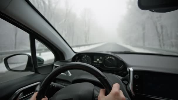 Bir Arabanın Içinden Sinematik Görüntüler Kış Yolunda Araba Süren Biri — Stok video
