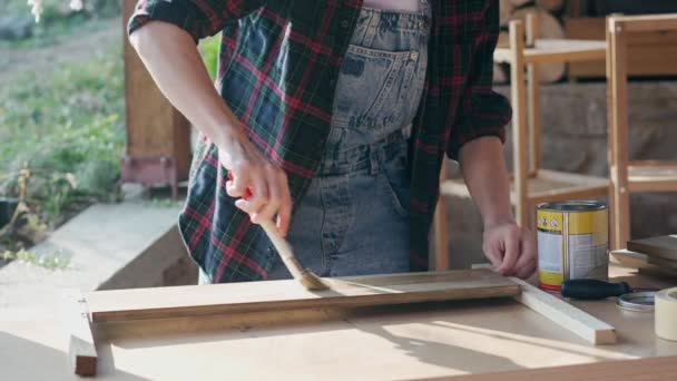 Close Slow Motion Footage Person Using Brush Varnish Wooden Board — Stockvideo