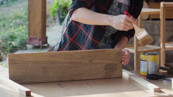 Close Slow Motion Footage Person Using Brush Varnish Wooden Board — Vídeos de Stock