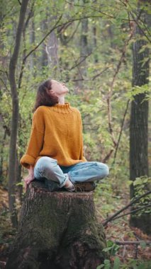 Genç bir kadın sonbahar ormanındaki büyük bir ağacın kütüğünde otururken temiz havanın tadını çıkarıyor.