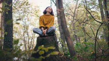 Genç bir kadın sonbahar ormanındaki büyük bir ağacın kütüğünde otururken temiz havanın tadını çıkarıyor.